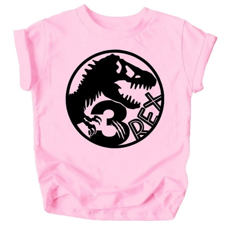 

Three T-Rex Fossil Dinosaur 3rd Birthday T-Shirts for Baby Girls and Boys Third Birthday Outfit Black on Pink Shirt 5-6