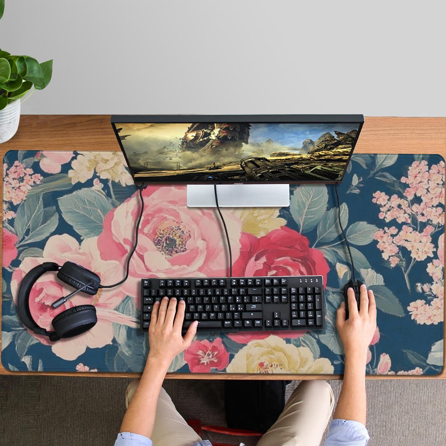 Long Mouse Pads for Desk,Pioneer Flower Floral Print Pattern Desk Mats on Top Of Desks, Desk Mouse Pad Extra Large with 3mm Non-Slip Base and Stitched Edge for Gaming,Office,Work,Home 47.3"x23.6"