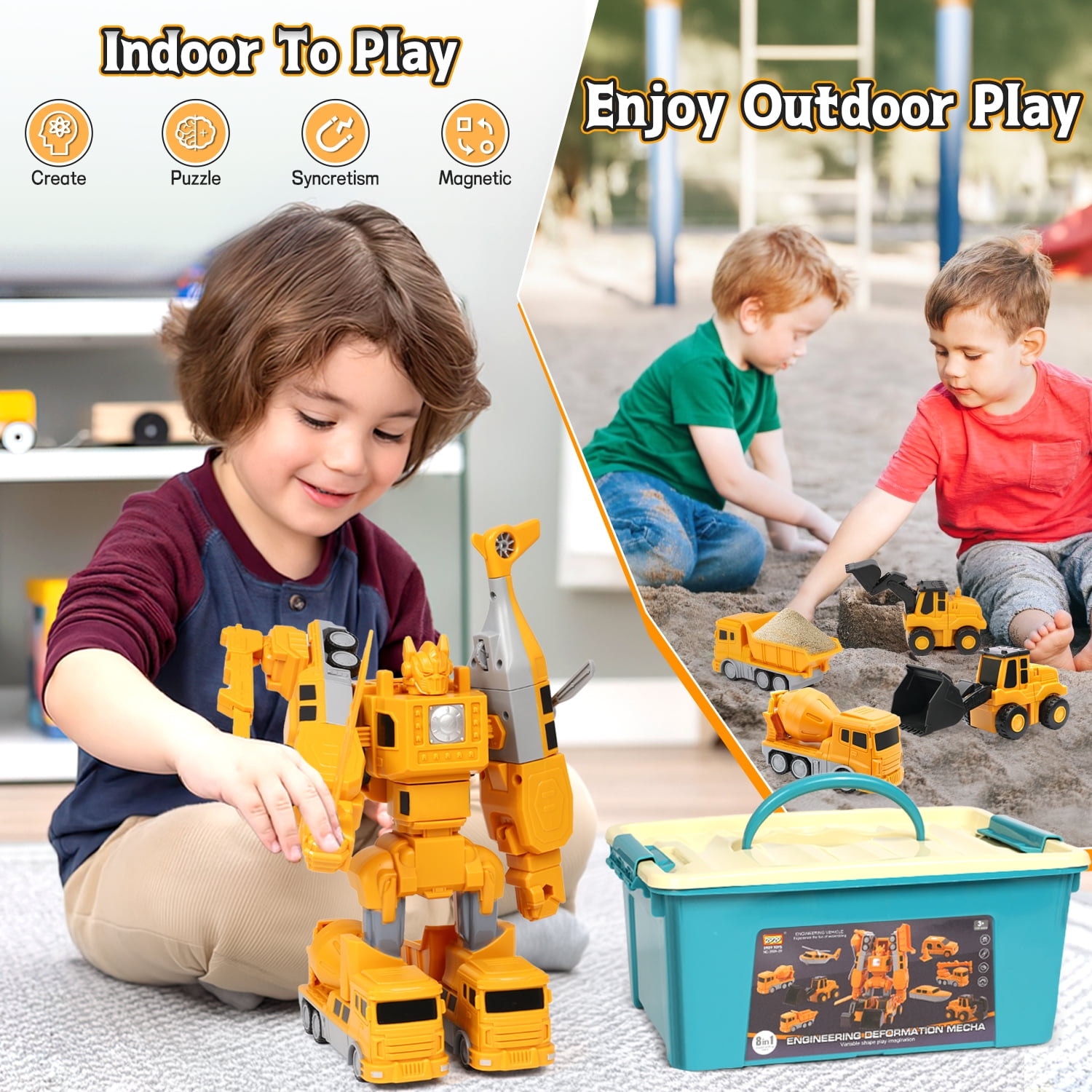 Huge Wave 8-In-1 Construction Vehicles Boys Toys Set, 12+ inch Magnetic Transform Robot Truck Set, DIY Toys with Connectors, Robot STEM Building Kids Christmas Gifts for 3-8 Year Old