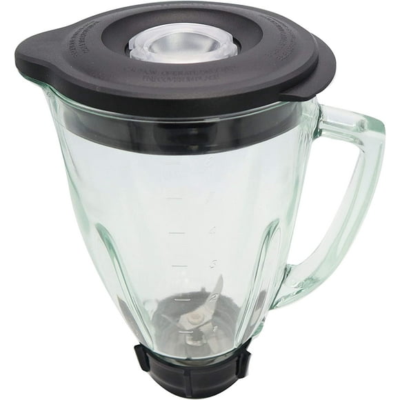Complete 6-Piece 48 Ounce Replacement Round Glass Jar Cup Assembly Set With a Jar Base Cap, Blade, Gasket, Round Lid, Center Fill - Compatible with Standard Oster & Osterizer Blenders