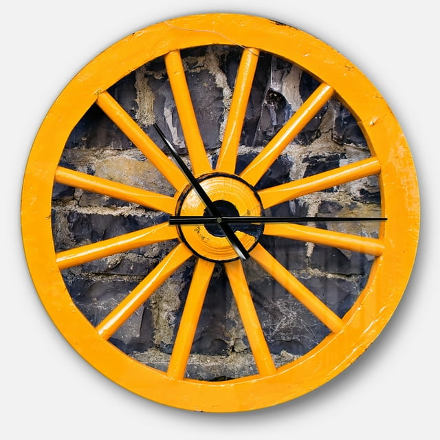 DesignArt Horloge Murale Grand Format de Style Campagnard avec Roue de Chariot en Bois Jaune