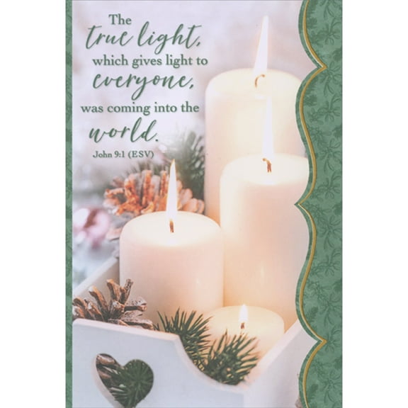 Designer Greetings The True Light: Candles in White Box with Heart Cutout Package of 8 Religious Christmas Cards