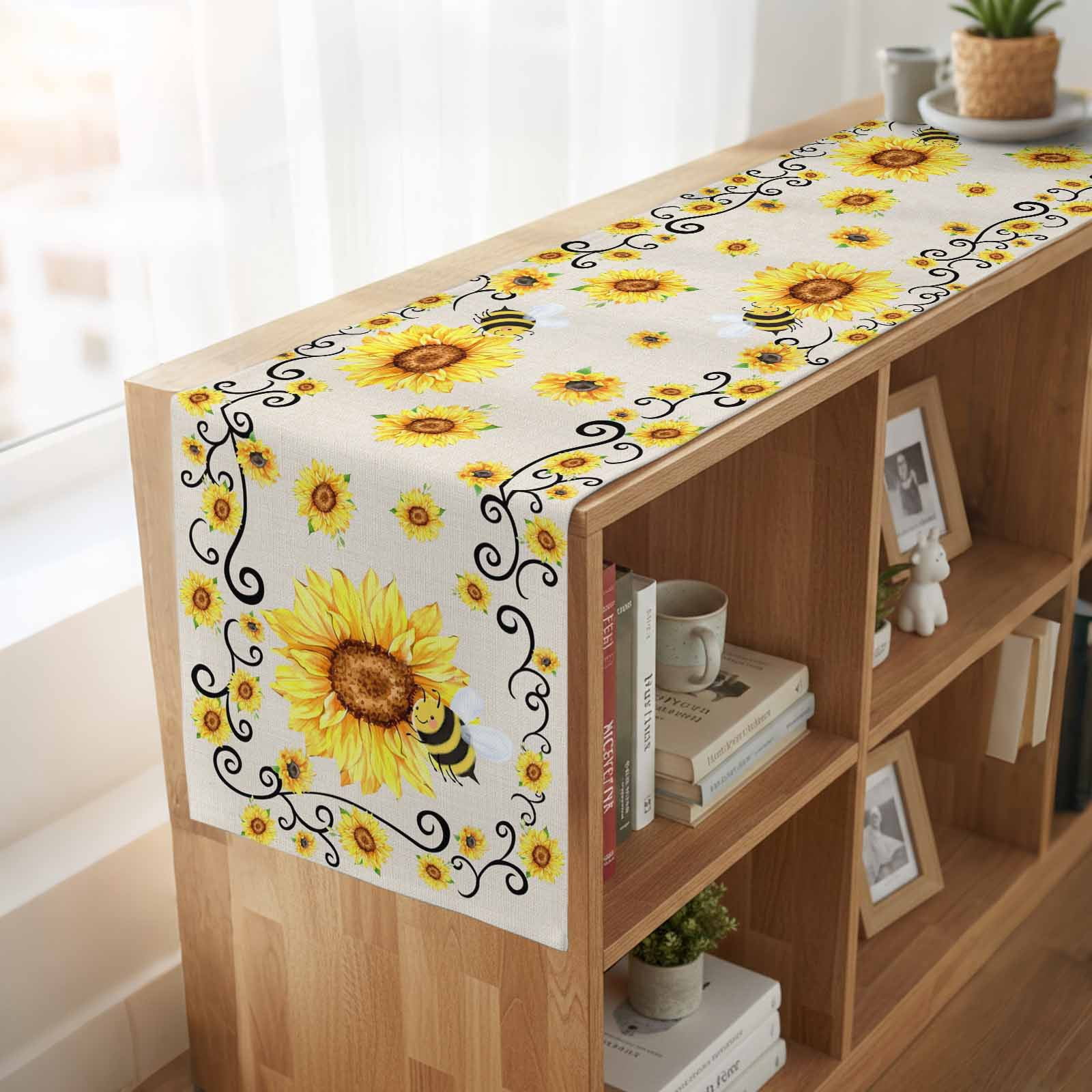 Sunflower Bees Burlap Cotton Table Runner 13x90 Inches Long, Spring Summer Farmhouse Floral Beige Burlap Farmhouse Table Runners, Outdoor Dining Tablecloths Decor for Baby Shower/Party/Wedding