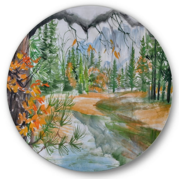 Designart 'Trees With River In Autumn Forest' Lake House Circle Metal Wall Art 36x36 - Disc of 36
