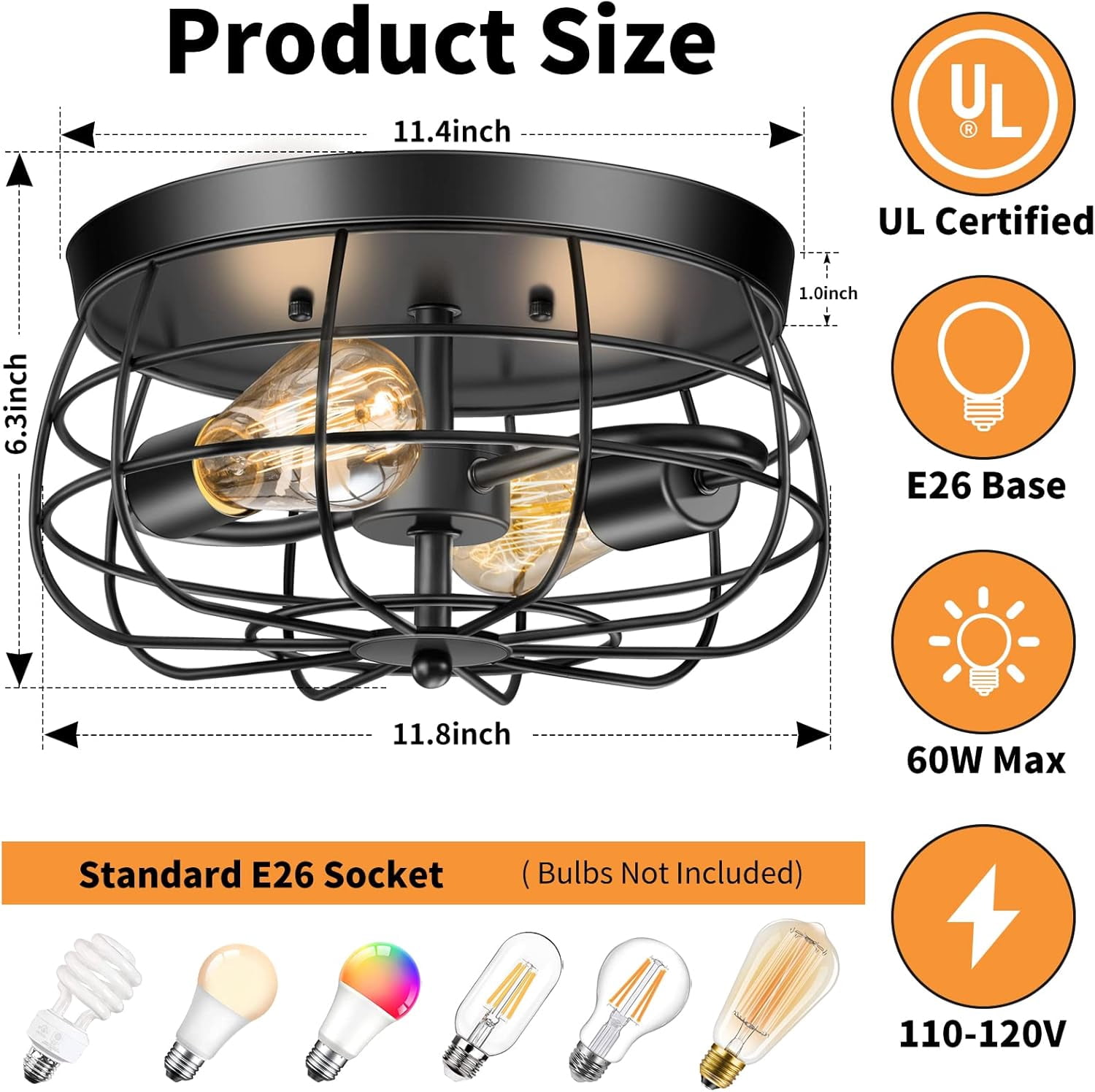 2-Light Farmhouse Ceiling Light Fixtures Industrial Black Semi Flush Mount Ceiling Light with Metal Cage for Kitchen Living Room