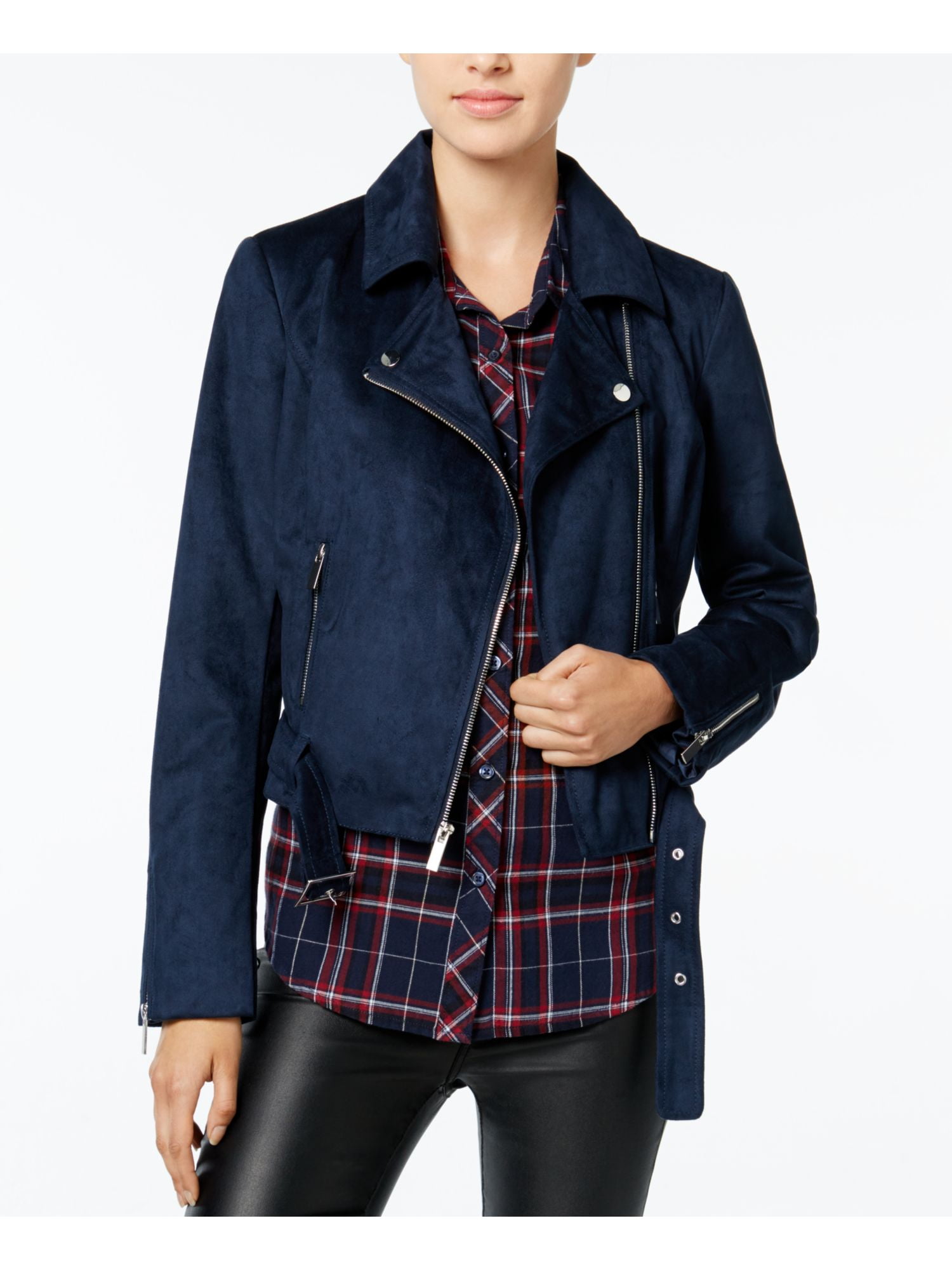 Wildflower WILDFLOWER Womens Navy Faux Suede Motorcycle Jacket Size L