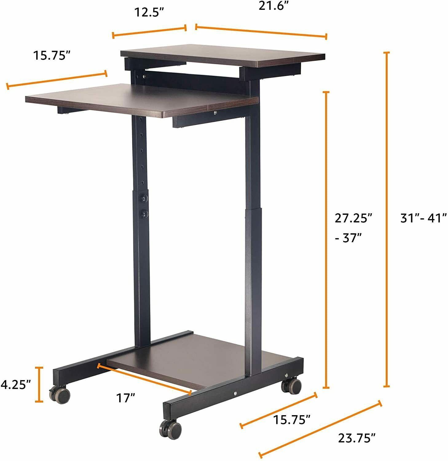 POCHAR Height Adjustable Computer Station Mobile Computer Desk - Two Tier Rolling Computer Cart - Black Frame with Espresso Top (21.6'' Wide)
