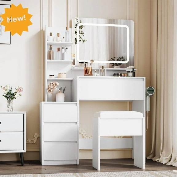 LED Makeup Vanity Table with Mirror & Lights, 3-Color Adjustable Mirror, Storage Drawers & Power Hub, 36-Inch Dressing Desk