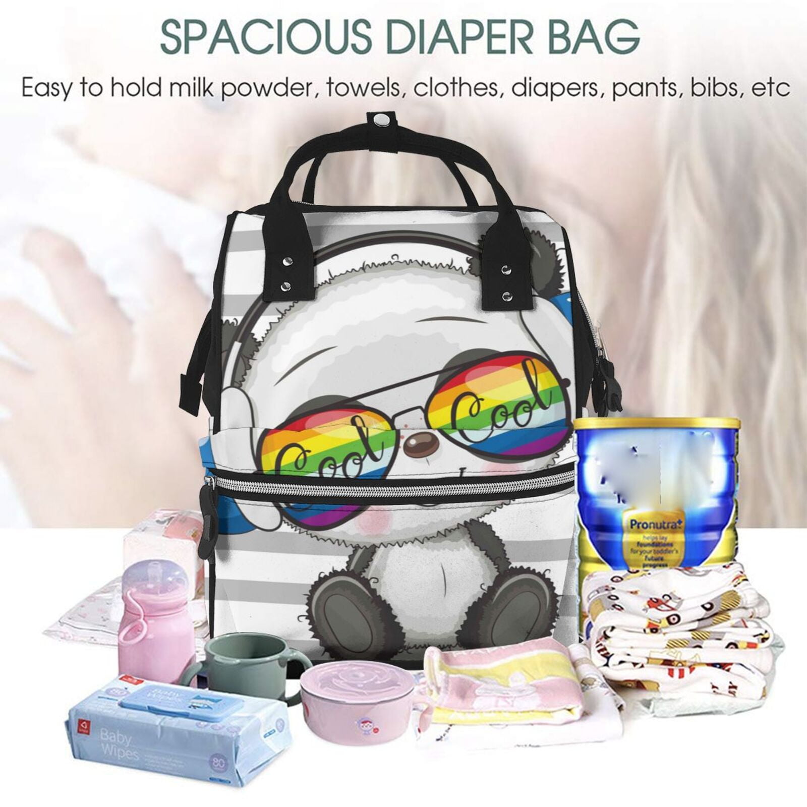 Defioc Panda with Sun glasses for Baby Diaper Bag Backpack - Baby Bag for Boys & Girls - Diaper Backpack - Large Travel Diaper Bags- Baby Registry Search & Shower Gifts