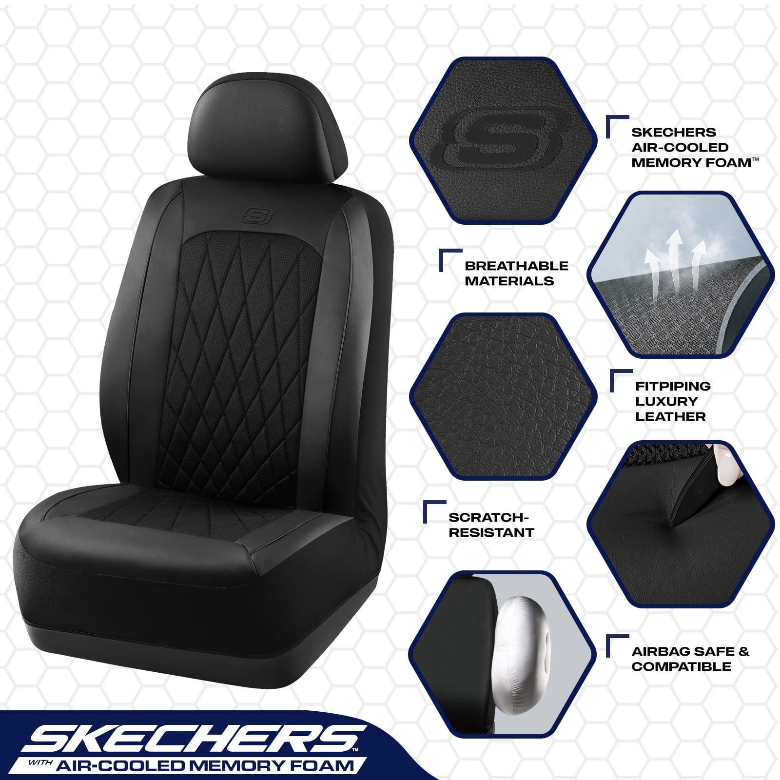 Skechers Car Seat Covers , Air-Cool Design Memory Foam Seat Covers, Piping Leather Mesh Car Seat Cover,Airbag Compatible,Automotive Comfort Universal FitMost Cars,Vans,Truck,SUV,Black Front Set