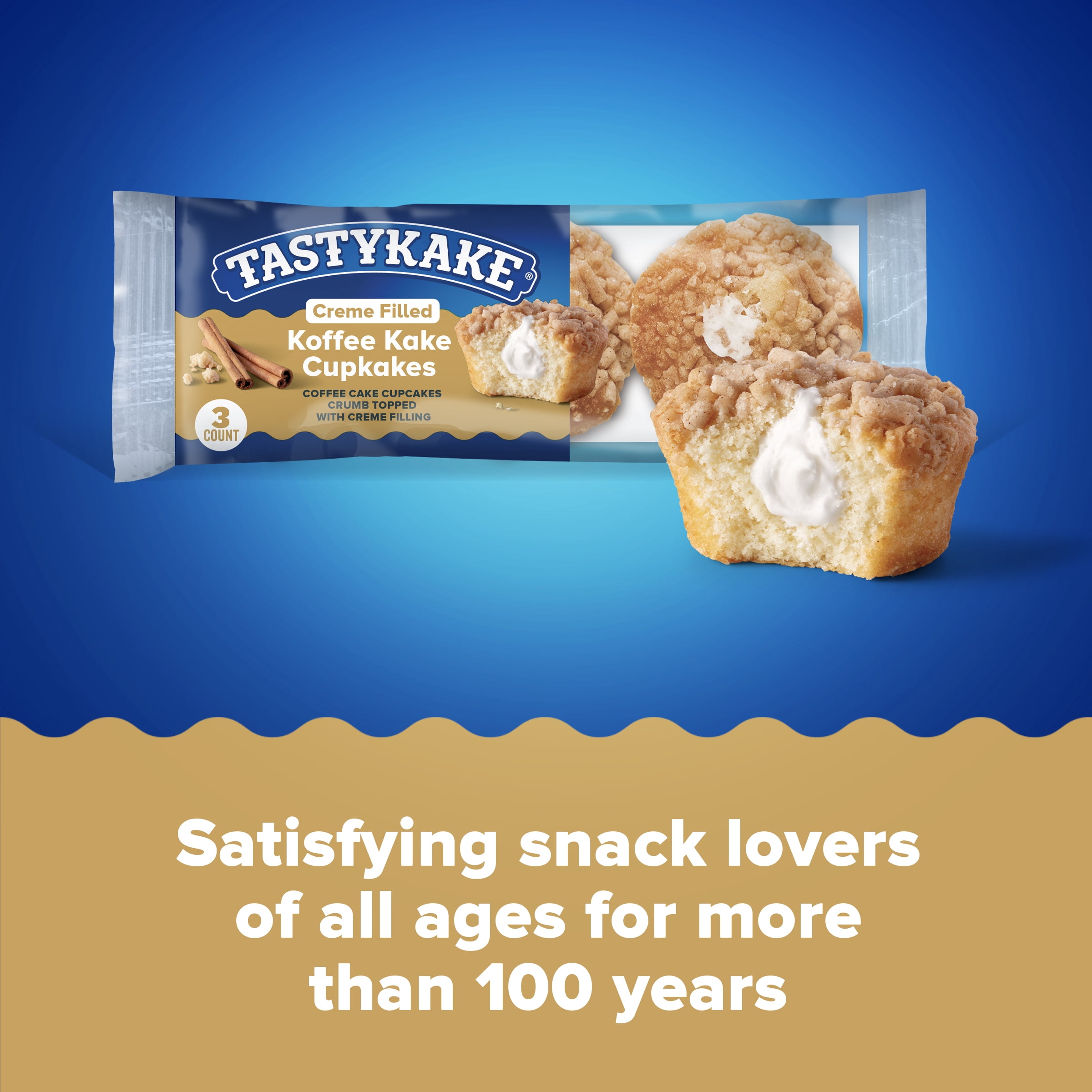 Tastykake Creme Filled Koffee Kake Cupcakes, Individually Wrapped Cupcakes, 3.125 Ounce., 3 Count