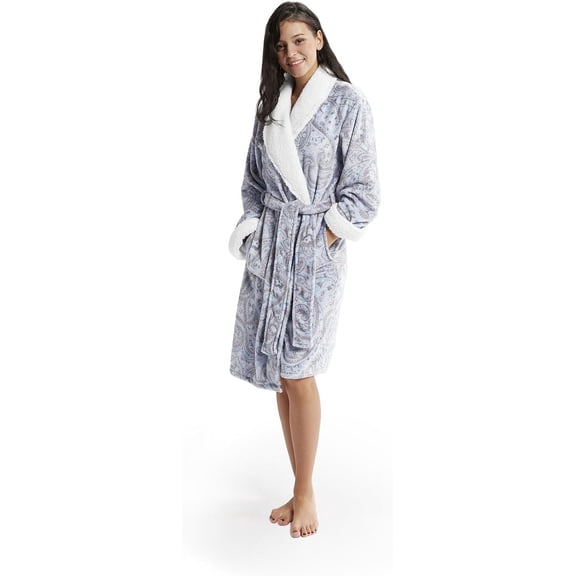 INK IVY Plush Kimono Belted Robe for Women - Mid-Length Ladies Bathrobe Loungewear with Pocket, Collar & Cuff, Printed Paisley Grey, L/XL Paisley Gray Large-X-Large