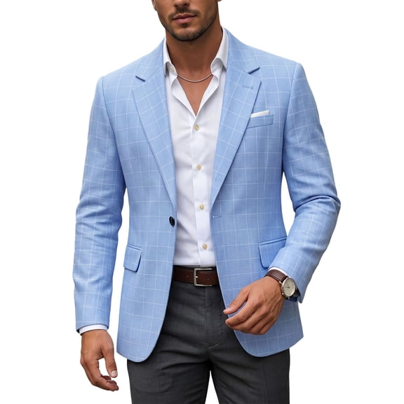 Men's Plaid Suit Jacket, Light Business Casual Blazer, Fashion Banquet Coat For Men's Formal & Office Wear Blue XL