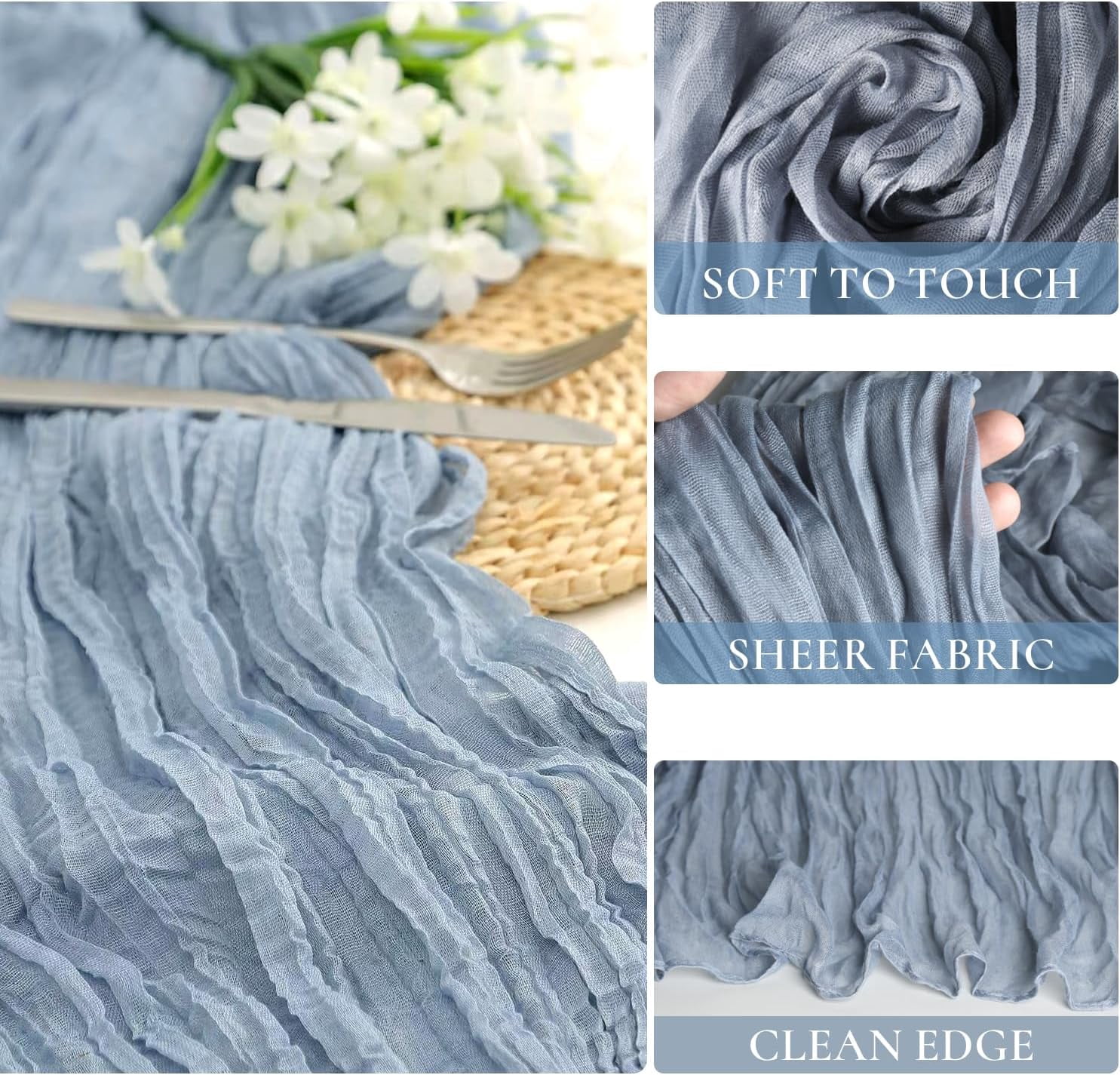 HBlife 10 Pack Dusty Blue Cheesecloth Table Runner, 35 x 120 Inch Boho Gauze Table Runner Rustic Romantic Long Table Runner for Wedding Party Bridal Birthday Baby Shower Table Decorations