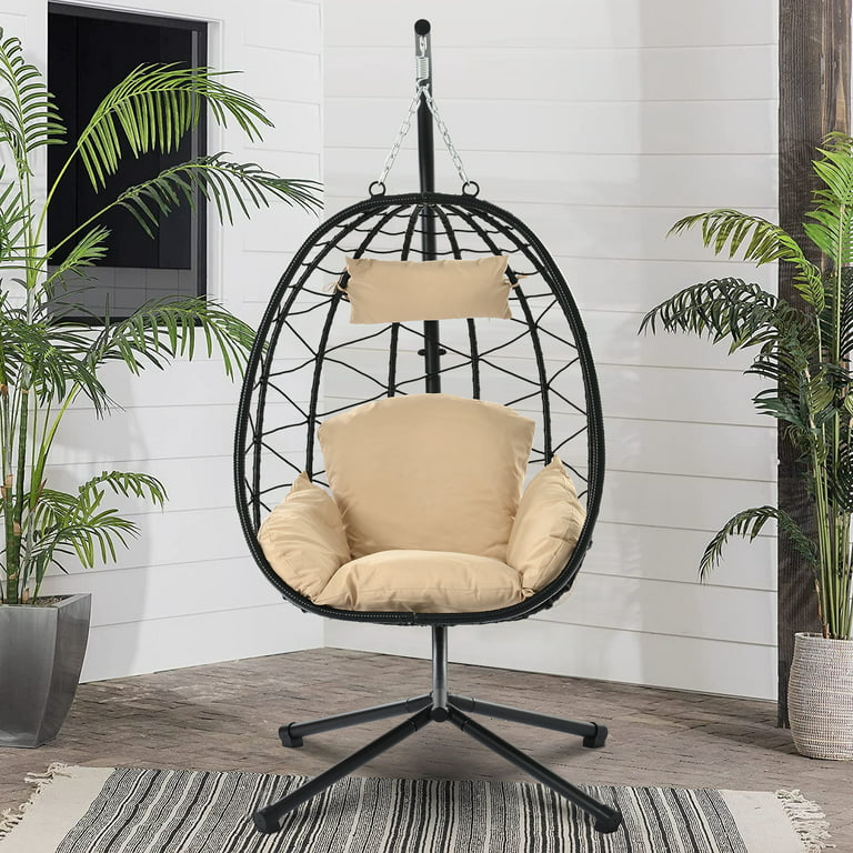 PAPROOS Hammock Egg Chair, 2PCS Hanging Egg Chair with Stand Outdoor Indoor  Use, Patio Wicker Swing Basket Chair for Kids Adult, Holds 300lbs, Modern  Hammock Chairs for Porch Balcony, Beige 