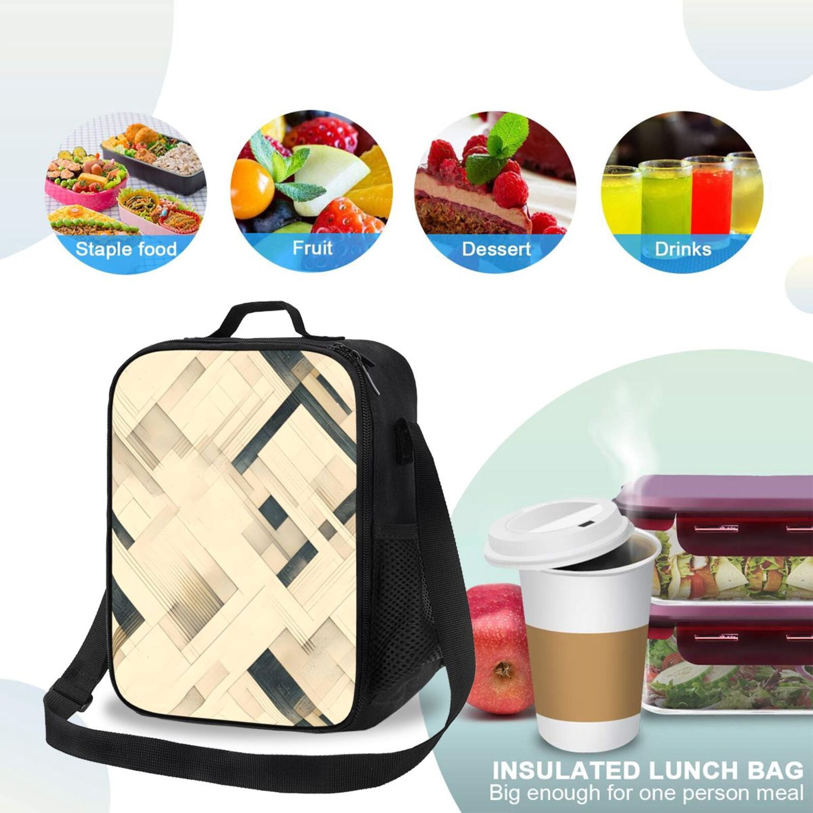 Thermal Insulation One Shoulder Portable Bento Bag Can Be Reused 8×10.5in For Carrying Drinks Bento Box Fruit Snacks Darkorchid Geometric Lines Hand-Drawn Sketch_4