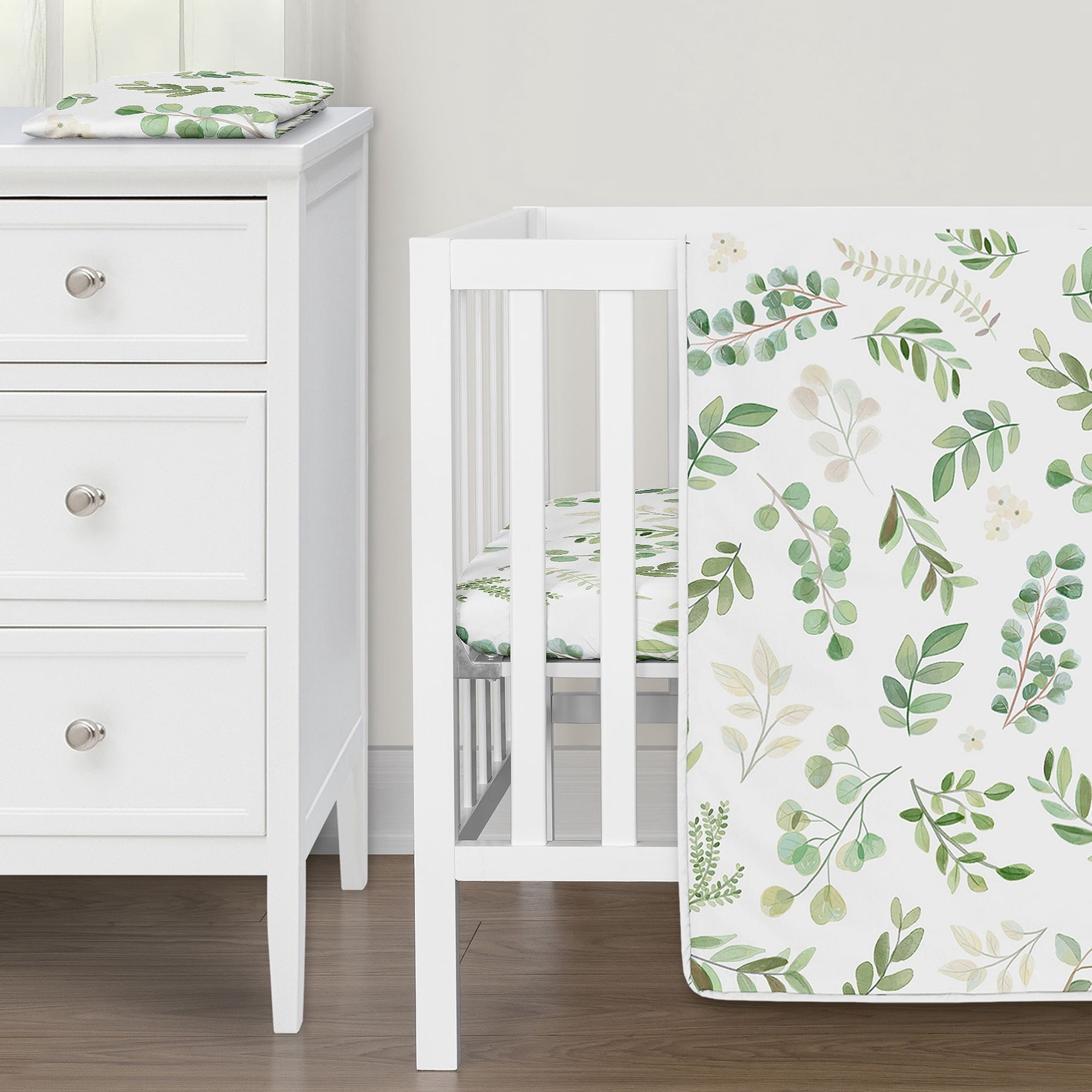 Sweet Jojo Designs Botanical Green and White 3 Piece Mini Crib Bedding Set