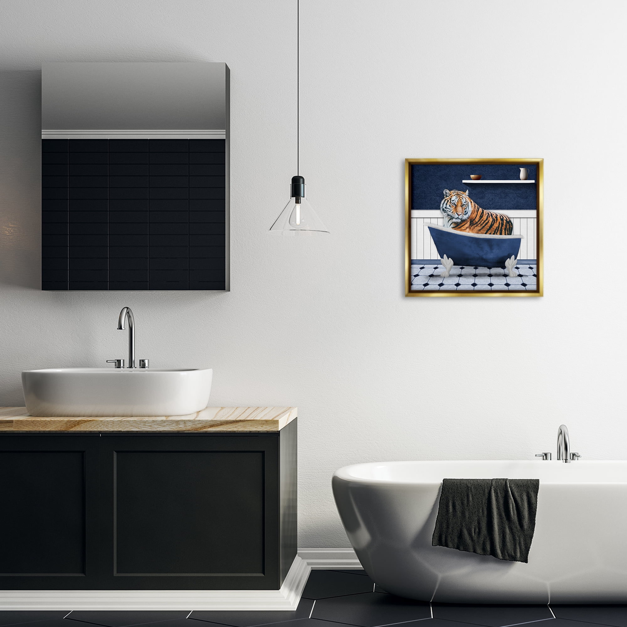 Stupell Industries Tiger in Blue Bathroom Bath & Laundry Painting Gold Floater Framed Canvas Art Print Wall Art, 18 x 18