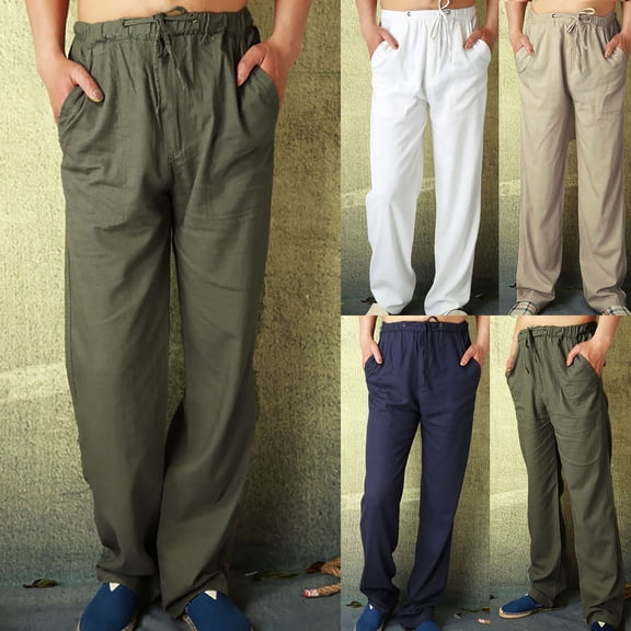 Mens Linen Cotton Casual Pants Elastic Waist Drawstring Lightweight Pants Loose Fit Summer Beach Yoga Trousers (Regular and Big & Tall) Size S-5XL White