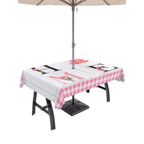 Outdoor Tablecloth with Umbrella Hole for Patio/Picnic/Party/Camping, Farmhouse HOME Waterproof Table Cloth Rectangle Table Cover Washable, Rustic Tulip Pink White Plaid Wooden (52"x 70")
