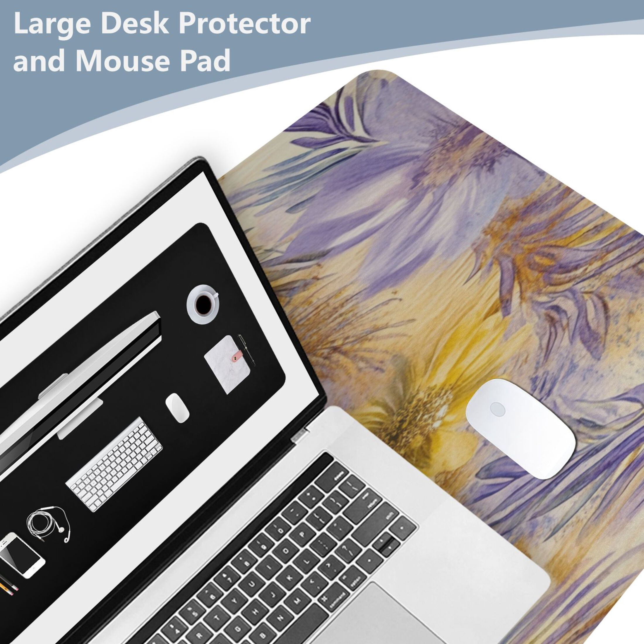 Leather Keyboard and Mouse Desk Mat Office Desk Accessories Protective Office Desk Decor Desk Pad Mat for Gaming, Work from Home, Office Yellow and Lavender Flowers 16.5" x 35.4"