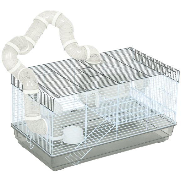 Hamster Cage with Tunnels and Accessories, Gray Steel Wire Rodent Habitat with Wheel and Platform, 58 x 32 x 31 cm