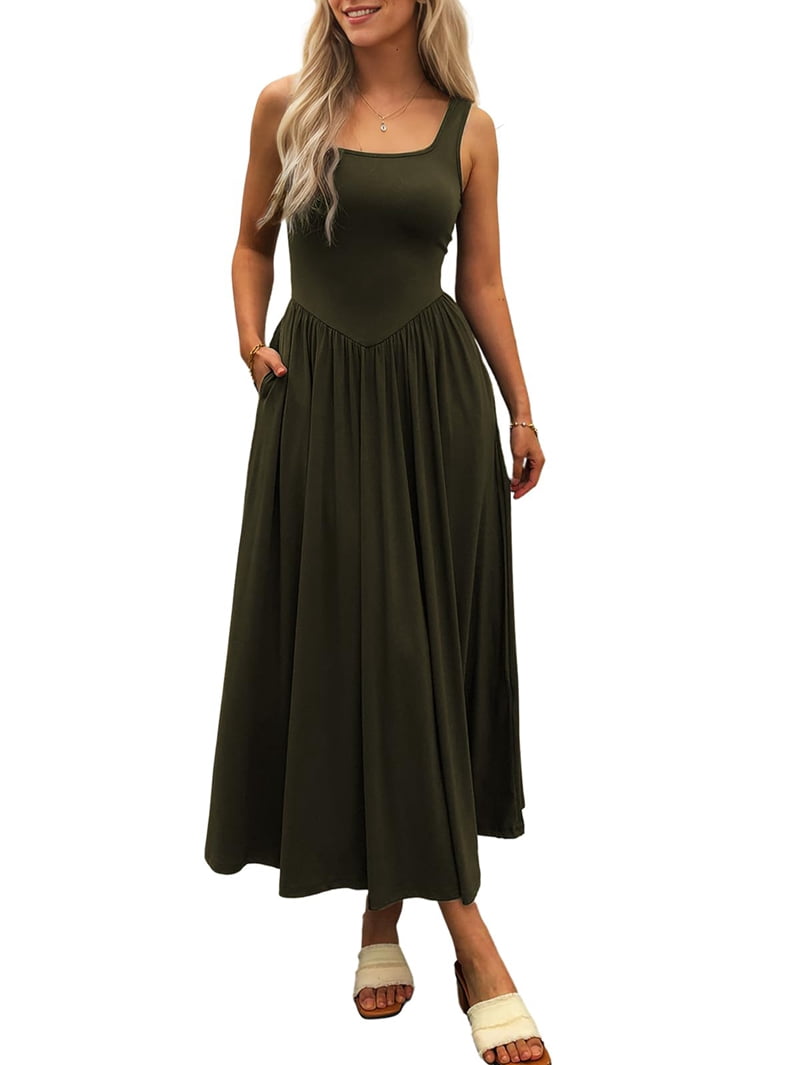 Women'S Summer Maxi Dress Sleeveless Square Neck Casual Beach Sundress with Pockets, Flowy Patchwork Knit Army Green XL