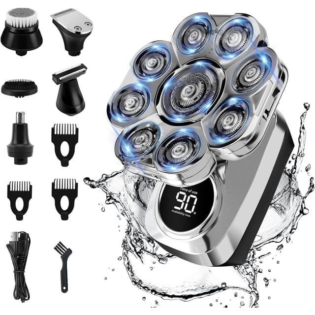 Afeitadoras de cabeza 9D para hombres calvos, kit de aseo para hombres mejorado 6 en 1, afeitadoras de cabeza calvas desmontables para hombres, pantalla LED húmeda/seca, maquinilla de afeitar eléctric