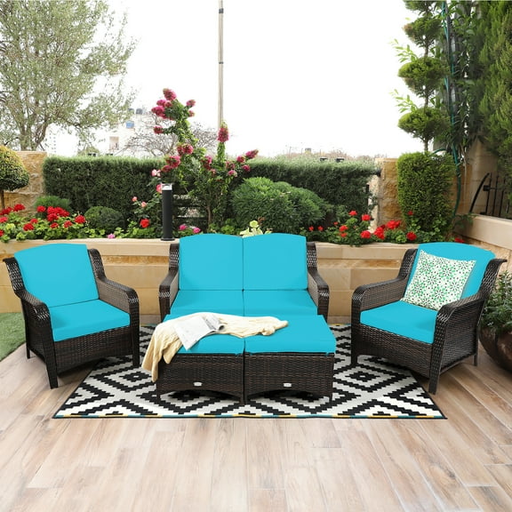 Costway 5PCS Patio Rattan Furniture Set Loveseat Sofa Ottoman Turquoise Cushion