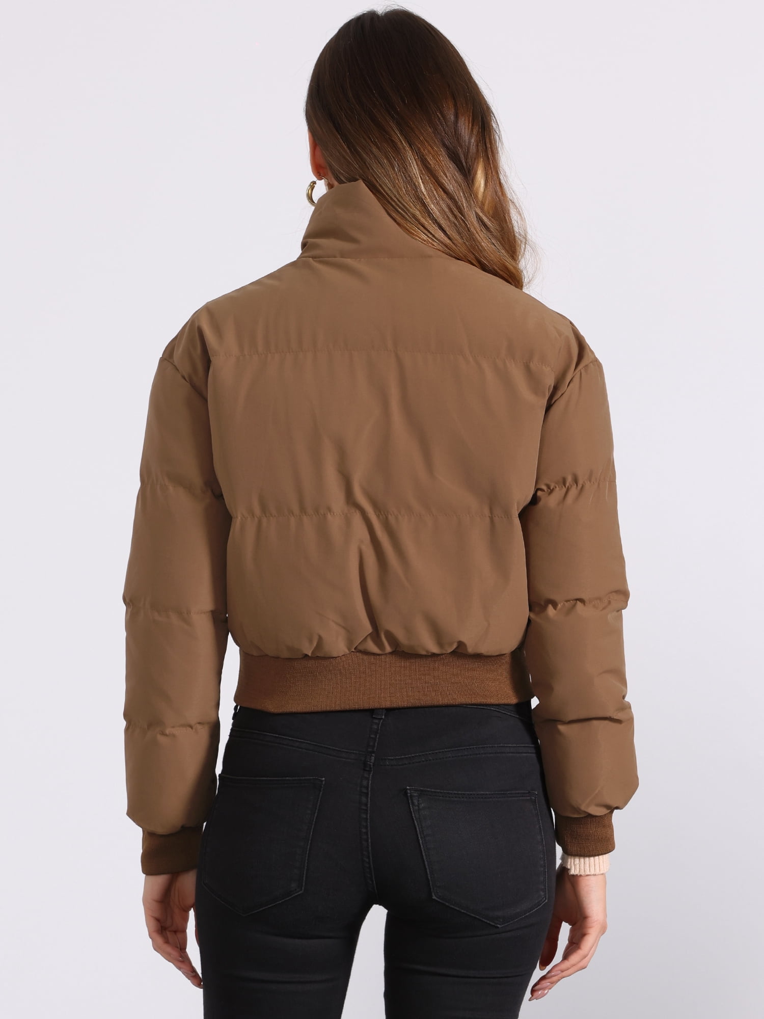 Unique Bargains Women's Winter Bomber Jacket Baggy Padded Cropped Coats XS Brown