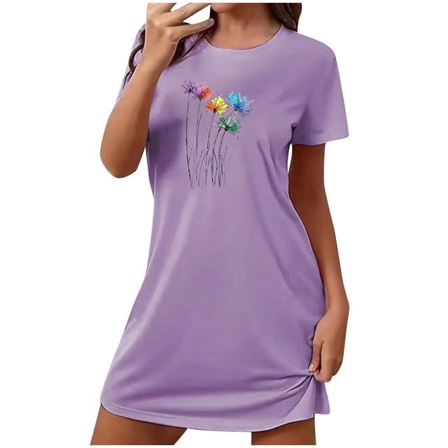 Chemise de Nuit à Manches Courtes pour Femmes Grande Taille, Robe de Nuit Col Rond Douce et Confortable avec Imprimé Poitrine, Chemise de Nuit Décontractée pour Dormir, Chemise de Nuit Coupe Décontractée pour la Maison