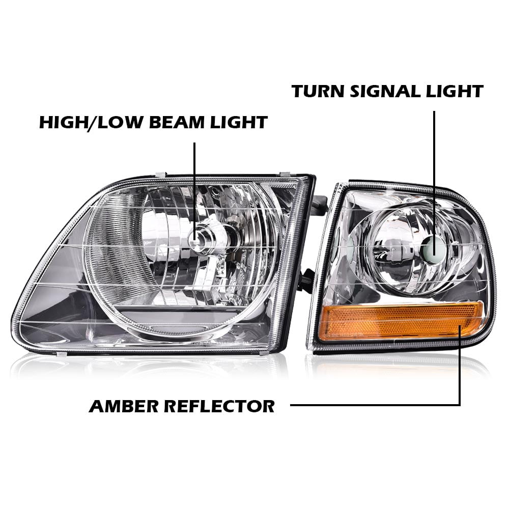 Headlight,Clear Lens Chrome Housing Amber Reflector Fit for 98-03 Ford F150/04 F150 Heritage/97-02 Expedition/98-99 F250/97 F150, F250 Light Duty (Built After 7/96)