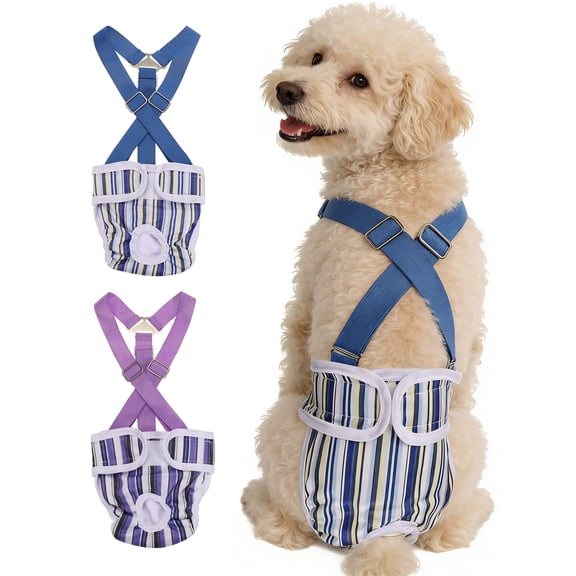 Washable Female Dog Diapers with Suspender, Reusable Dog Diapers Absorbent Leakproof(Striped Purple/Striped Blue XS, 2Pcs), Intended for Female in Heat Cycle