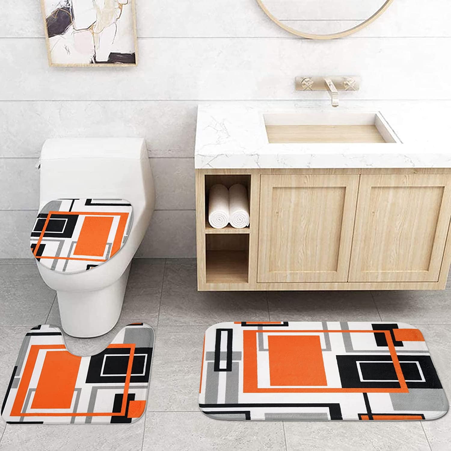 FRAMICS Orange Geometric Shower Curtain Sets with Rugs, 16 Pc Modern Abstract Bathroom Sets, Waterproof Fabric Bathroom Curtain Decor with Hooks