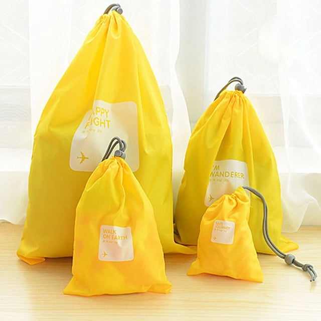 Juego de 4 bolsas de almacenamiento universales de nailon impermeables con cordón para viajes al aire libre, en diferentes tamaños (amarillo).