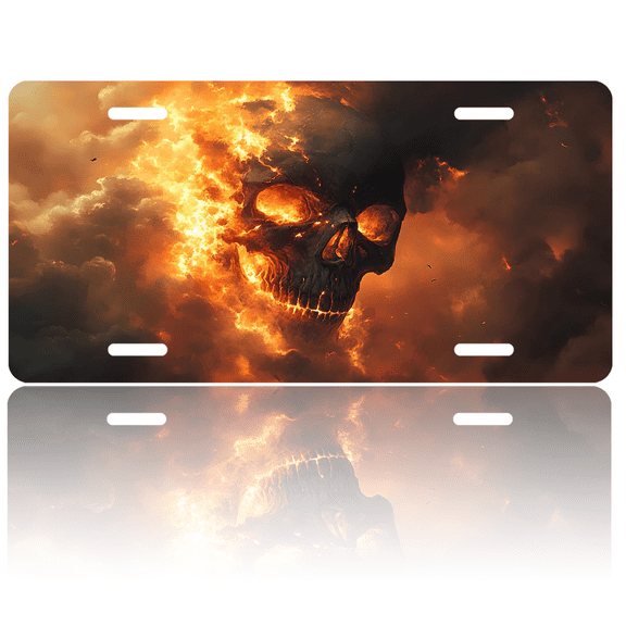 1 Pcs 2D Flat License Plate Covers & Frames, Burning Skull For Decorative Front, Waterproof For Decoration Aluminum License Plate Covers & Frames Cover For Men Women, 12" X 6"