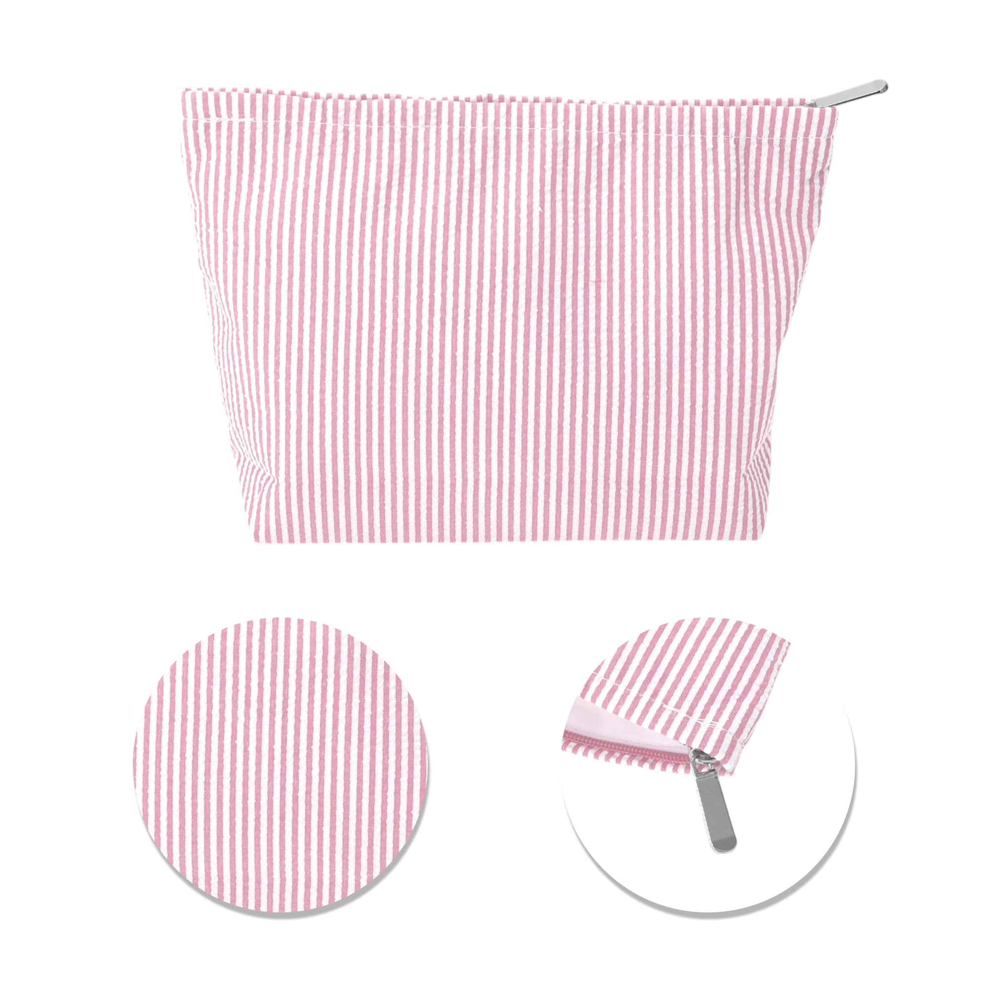 Unique Bargains 1 Pc Seersucker Stripes Makeup Bag White, Pink