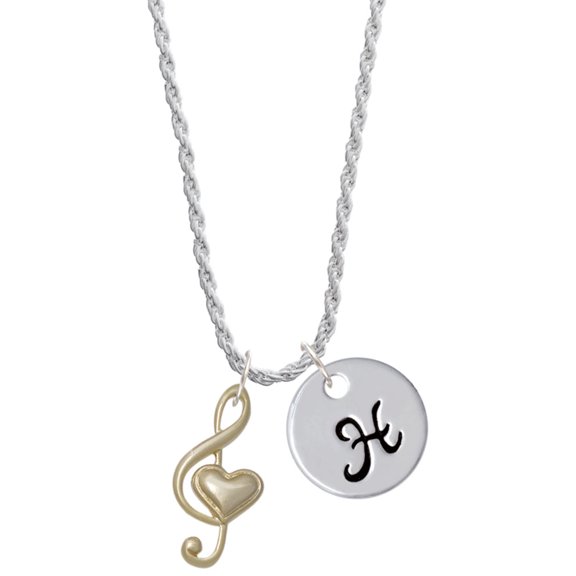 Delight Jewelry Goldtone Large Clef with Heart Silvertone Script Initial Disc - H - Charm Necklace, 20"+3"
