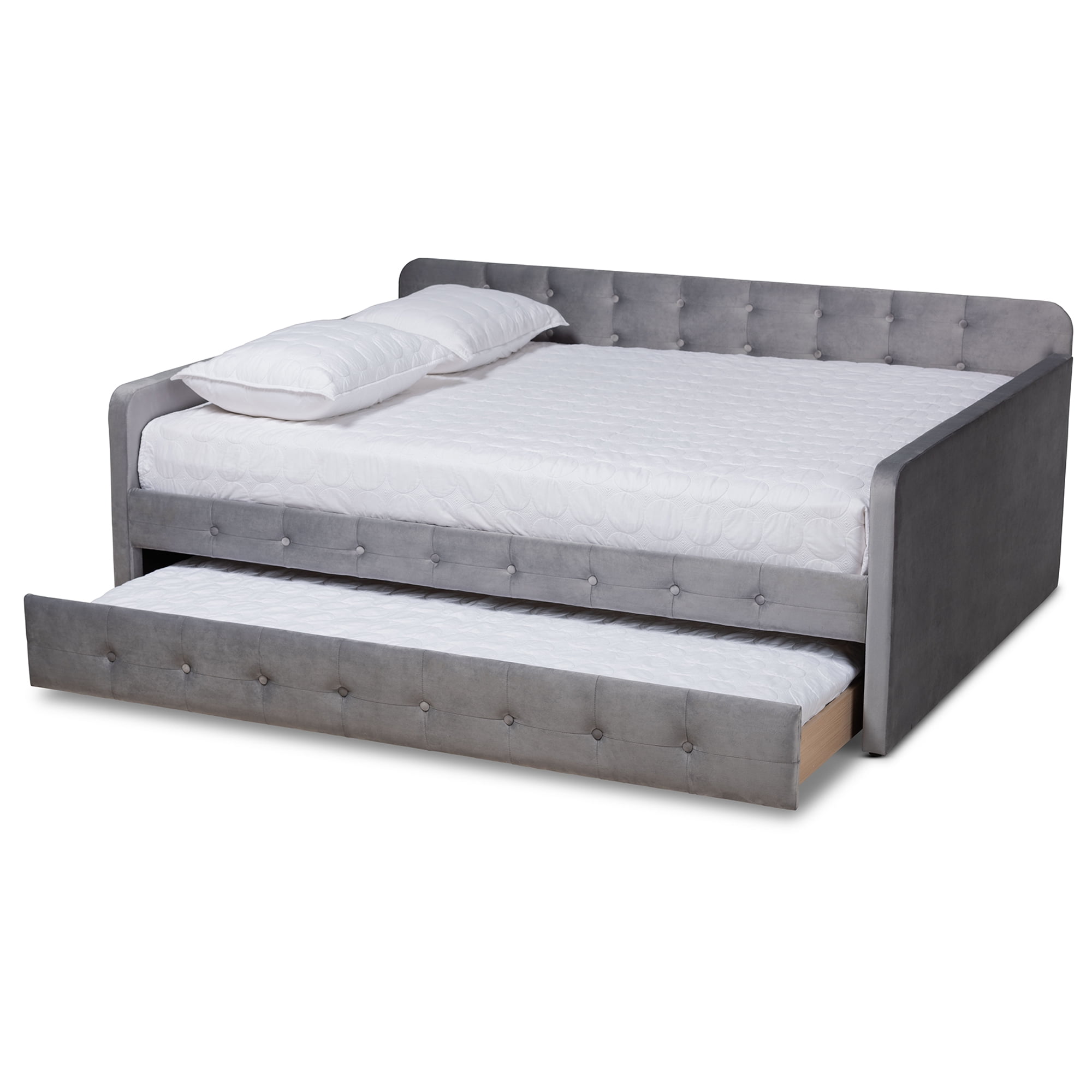 Baxton Studio Jona Modern Kids Daybed with Roll-out Trundle, Grey Velvet