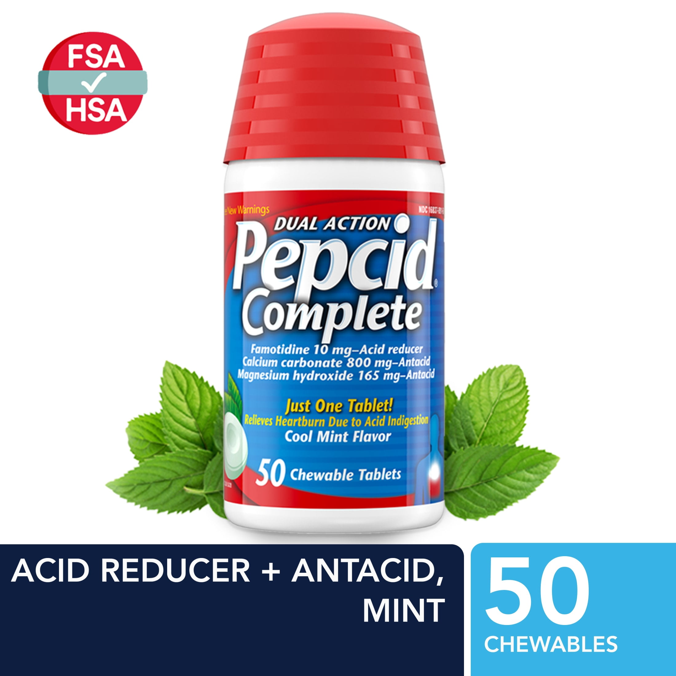 Pepcid Complete Acid Reducer + Antacid Famotidine Chews, Mint, 50 Count