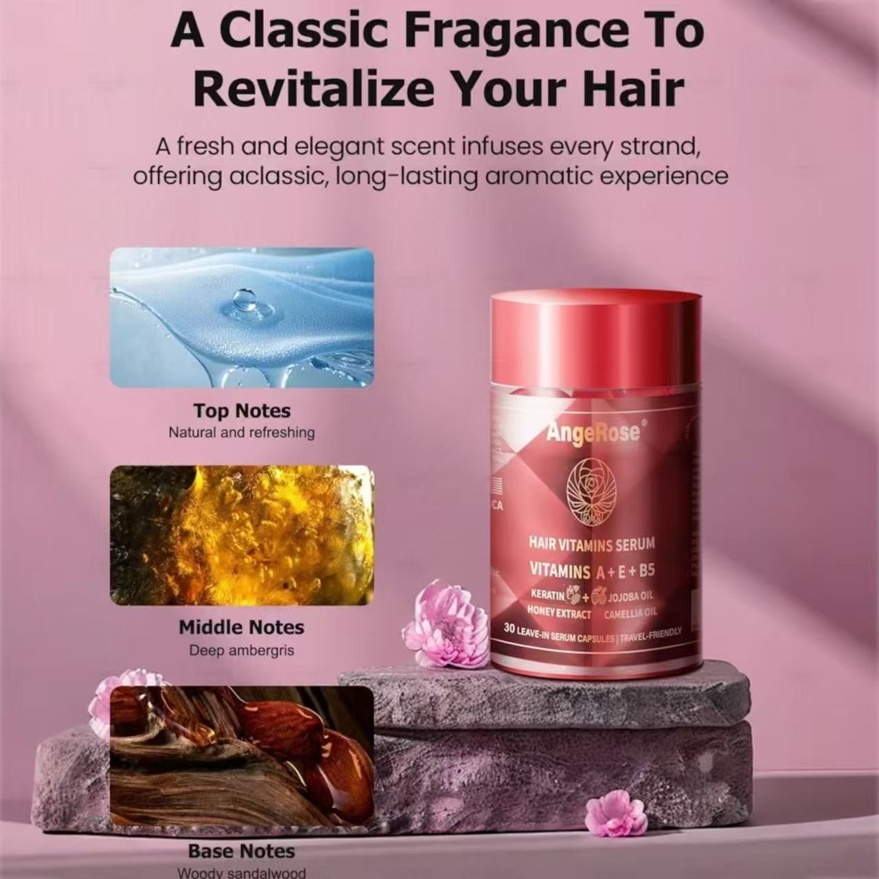 AngeRose Leave-in Hair Serum Conditioner  - Keratin, Honey, Jojoba, Argan Oil  Vitamins A E B5 for Smooth Hydrated Hair- Shine & Smooth Signature Scent-Moisturizing Serum Capsules with Honey Extract