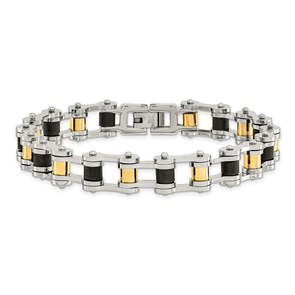 Diamond2Deal Stainless Steel Polished Yellow IP-Plated with Black Rubber Bracelet for Men 8.75"