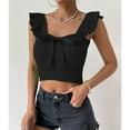thumbnail image 3 of Slatcetga Women Top Bow Knot Front Neck Sleeveless Top Ruffle Rib Knit Slim Blouse Pure Color Blouse Black S, 3 of 6