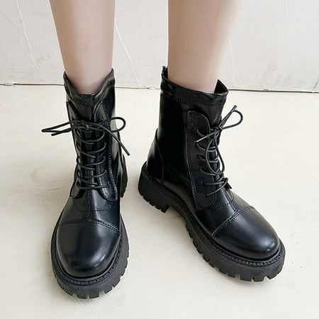 

Cathalem Womens Boots Low Heel Lace up Fashion Women Artificial Leather Solid Color Autumn Thick Sole Leopard Boots for Women Black 6.5