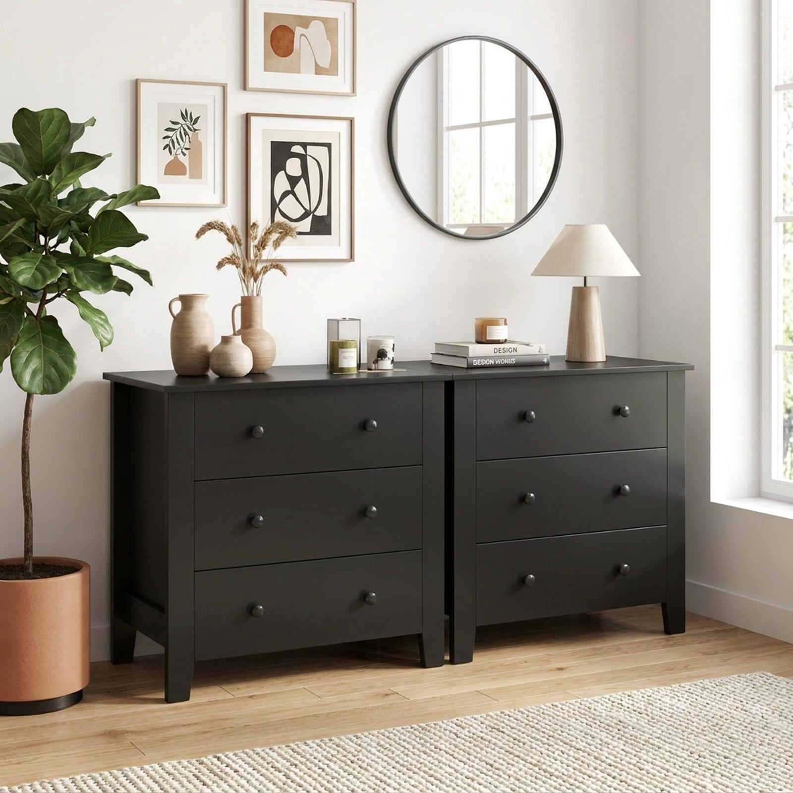 Furnibear 3 Drawer Dresser Chest of Drawers Bedside Table, Wood Grain, for Bedroom Closet Living Room Nursery Clothes Storage, Dark Brown