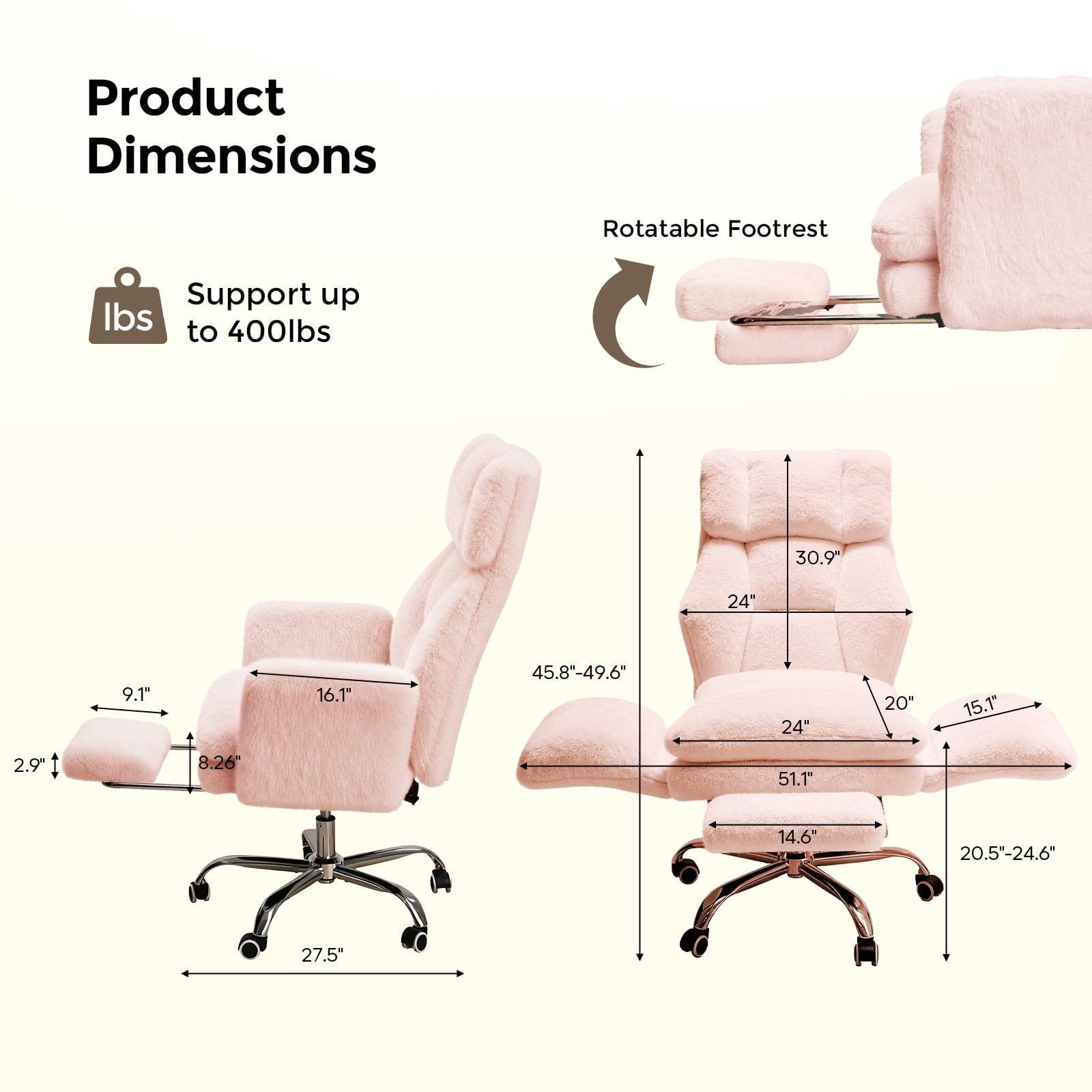 Big and Tall Office Chair, Cloud Plush Swivel Desk Chair with 6-Level Adjustable Armrests, Home Ergonomic Executive Office Chair for Work, Gaming, Pink