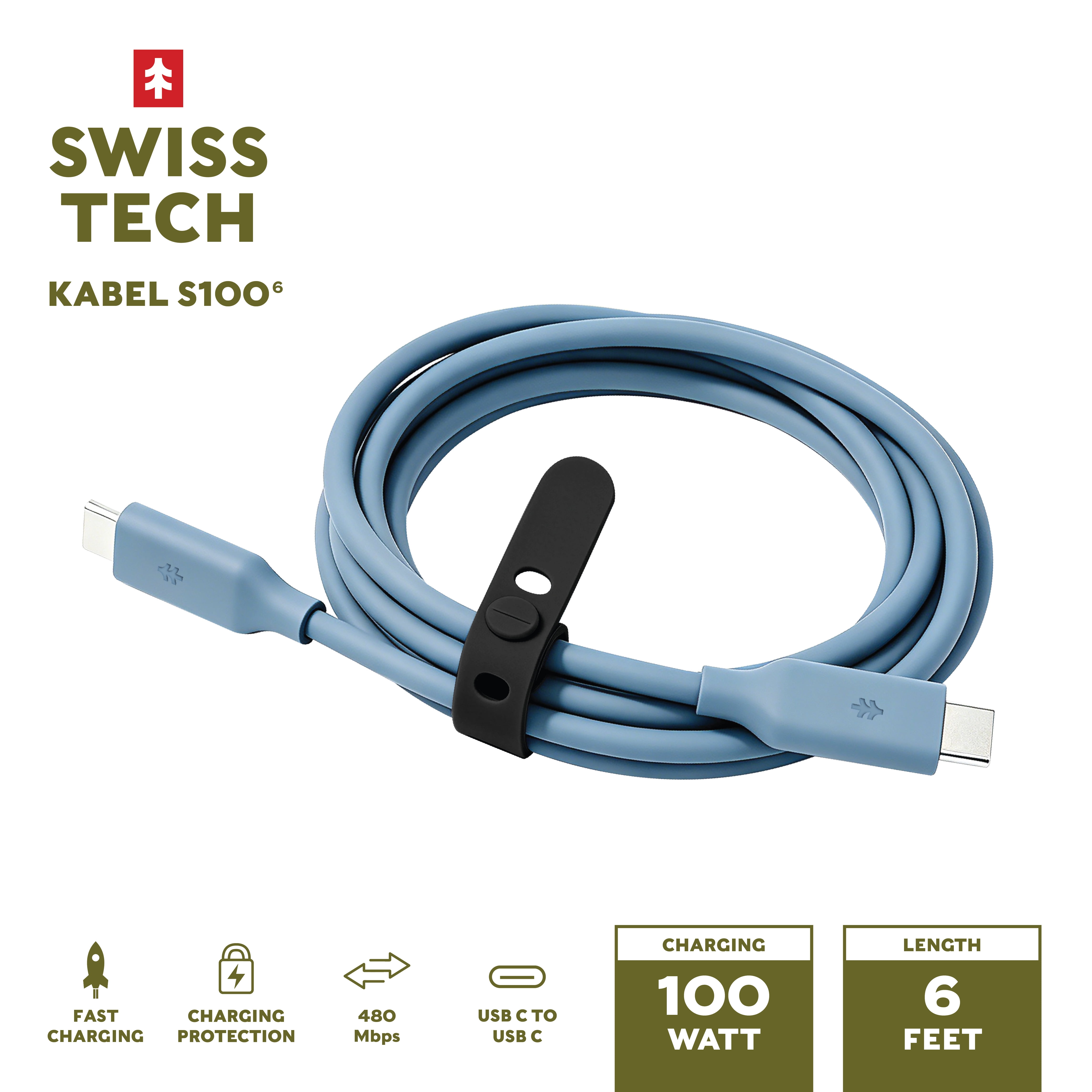 Swiss Tech Kabel S100 6 ft 100W Soft Touch USB-C to USB-C Charging Cable, Cresta Blue
