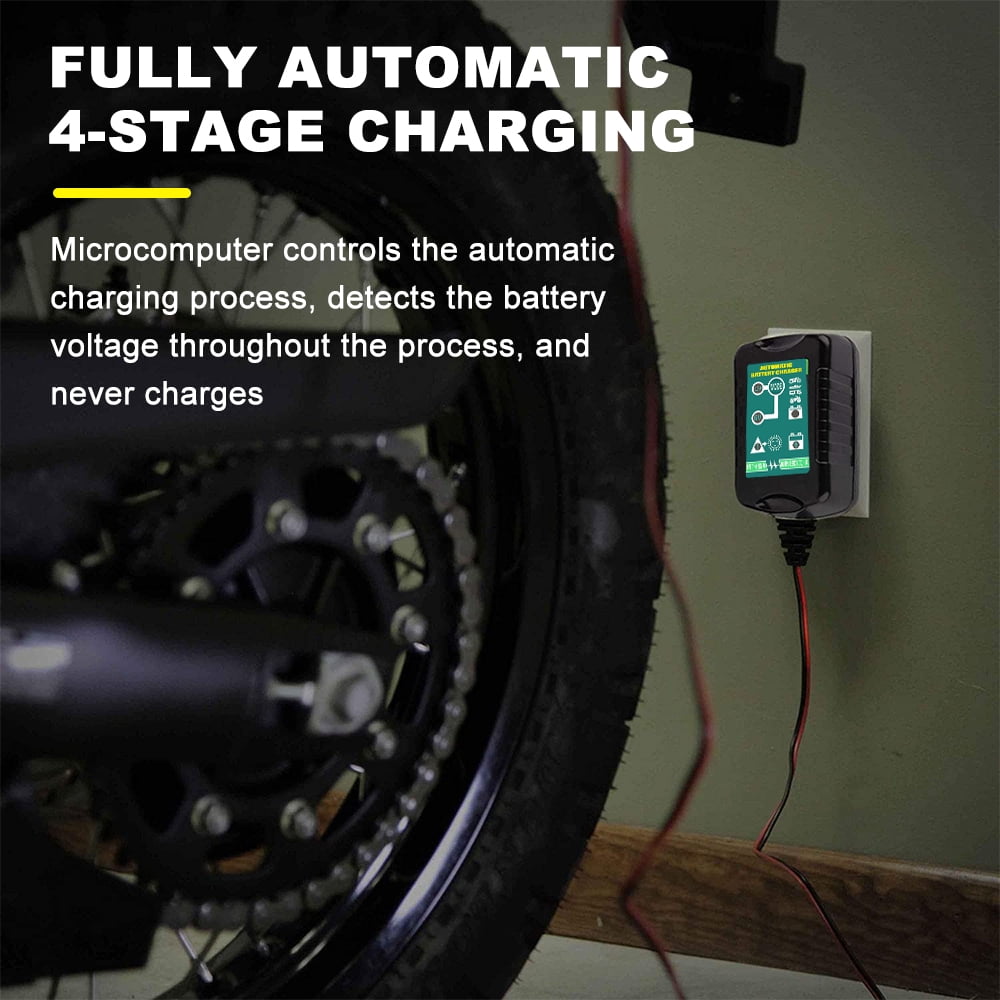 Automatic Battery Charger Maintainer Motorcycle Trickle Float Charger 6V 12V 1.5Amp for Motorcycles, Cars and ATVs