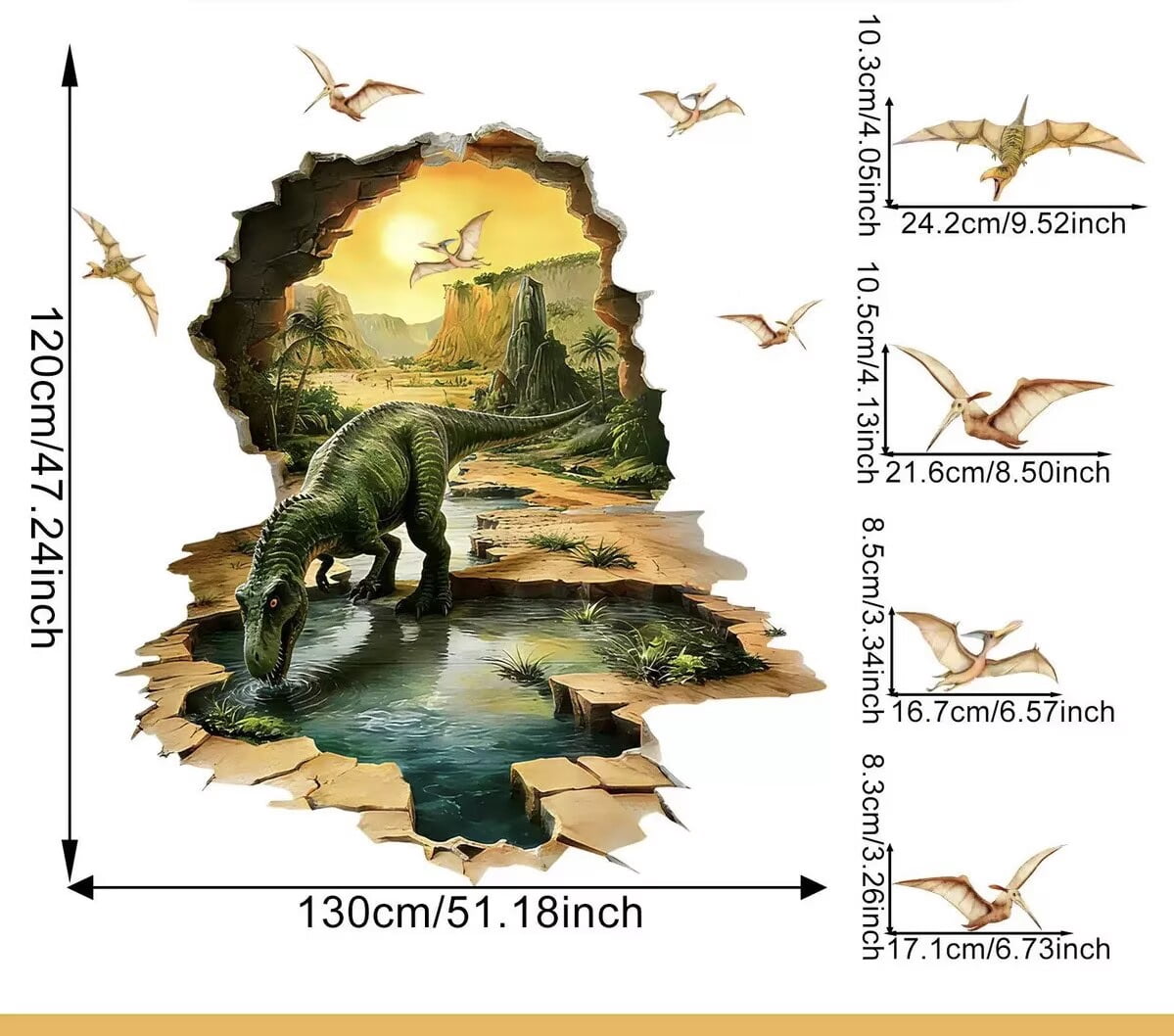 3D Large Dinosaur Wall Stickers Dinosaur Crack Hole Dinosaur Animal Peel and Stick Wall Art Decals for Boys Room Baby Nursery Kids Bedroom