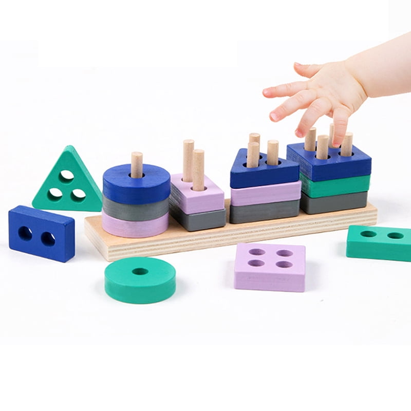 Portable Kid Shape Wooden Blocks Montessori Toy &Bag Early Development Toy 